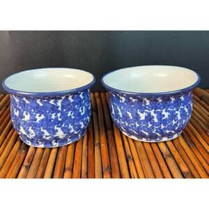 2 Signed Studio Pottery Bowls Apple Baker or Ring & Trinkets Blue Spongeware